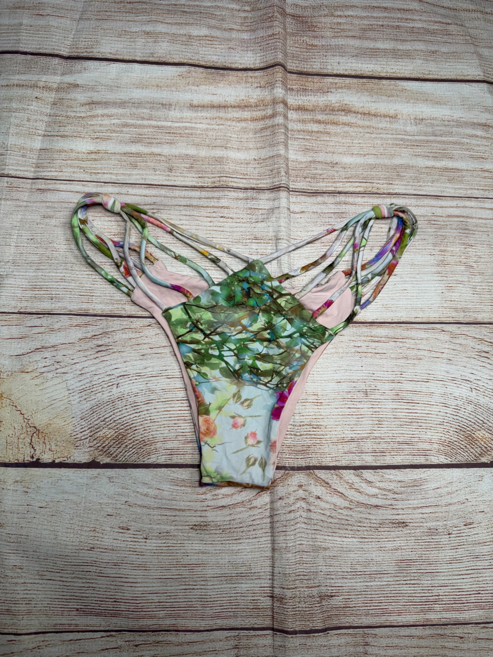 San Lorenzo Floral Strappy Bikini Bottom - Green & Pink